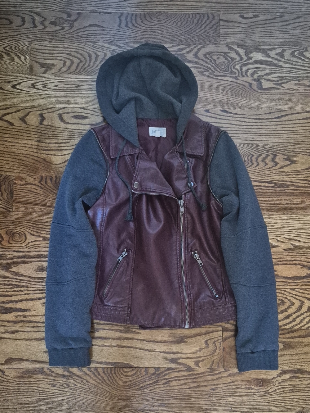Maroon Faux-Leather & Gray Hoodie Jacket